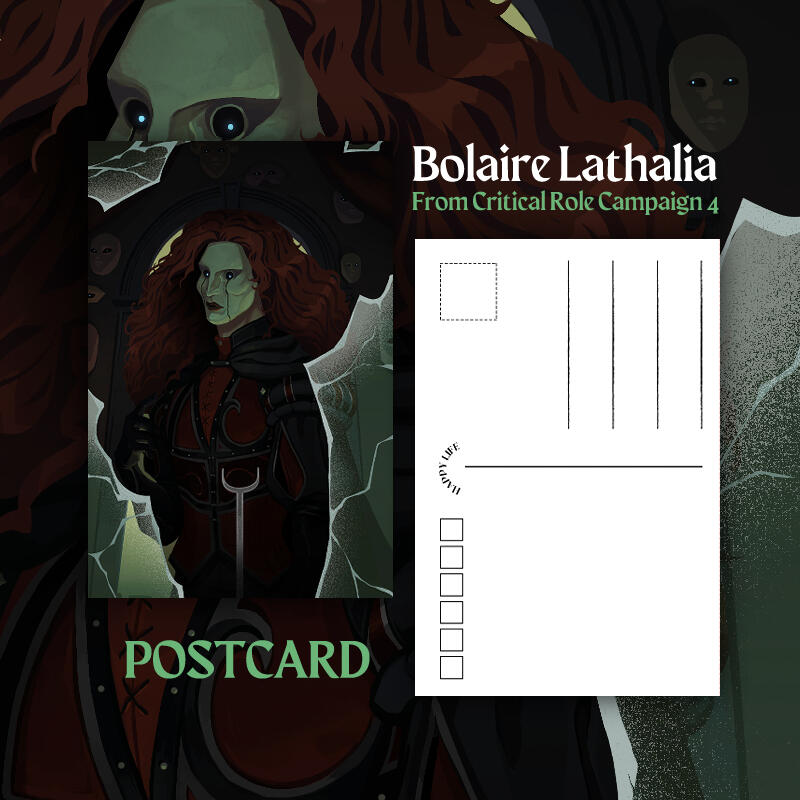 postcard of bolaire lathalia from critical role (fan merch)